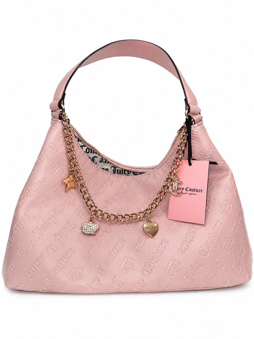 Juicy Couture Pink Embossed Logo Hobo with Gold Charm Chain